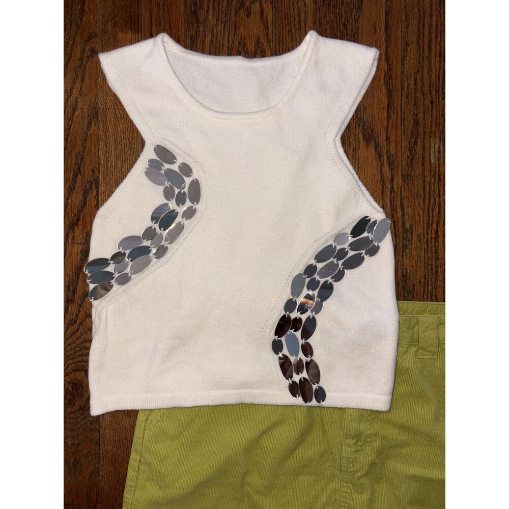 White knit tank top with silver sequin detail